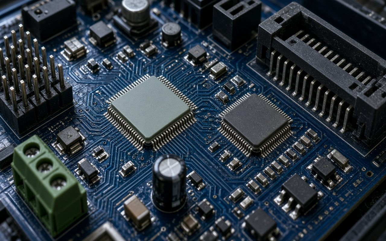 Close view of connectors, integrated circuits, and passives on an industrial board